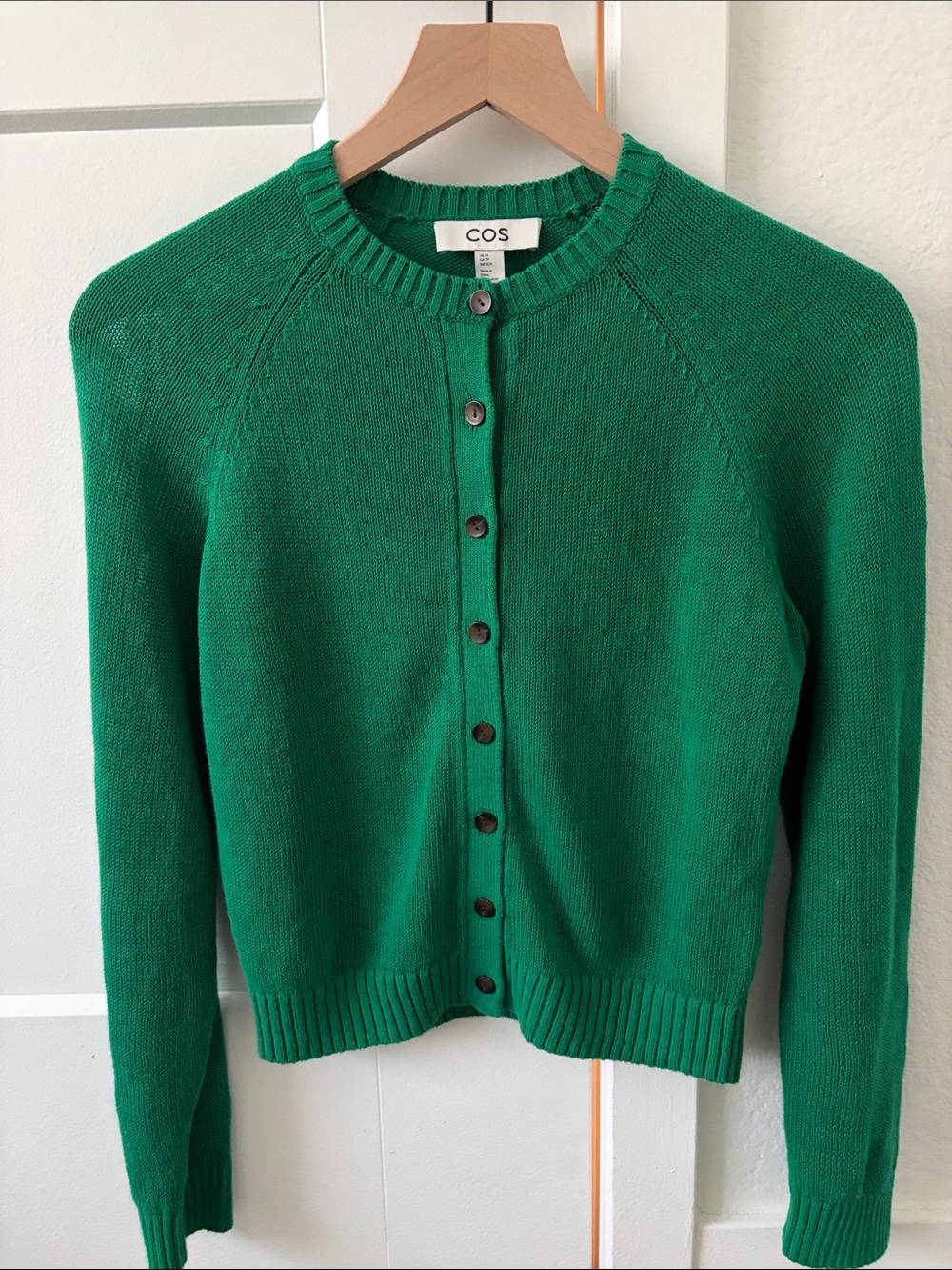 COS Emerald Green Crewneck Button Cardigan in 100% Linen